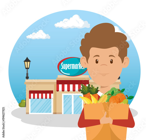 man with supermarket groceries in shopping bag vector illustration design