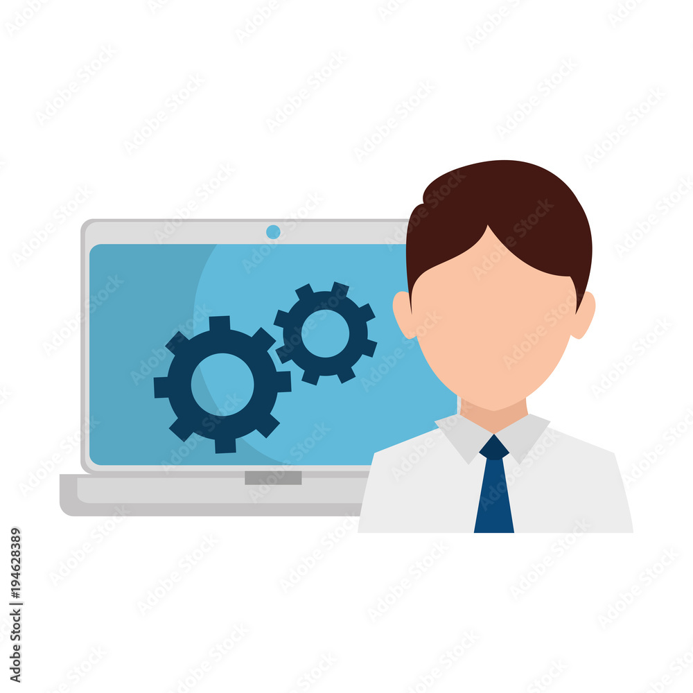 man with laptop and gears vector illustration design man with laptop and gears vector illustration design