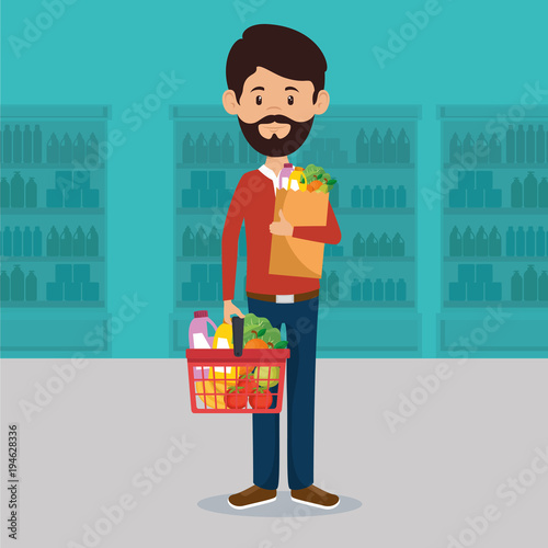 man with supermarket groceries in shopping bag vector illustration design