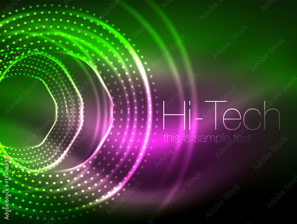 Magic neon circle shape abstract background, shiny light effect template for web banner, business or technology presentation background or elements, vector illustration