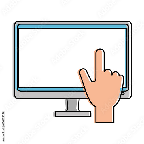 computer display with hand touching vector illustration design