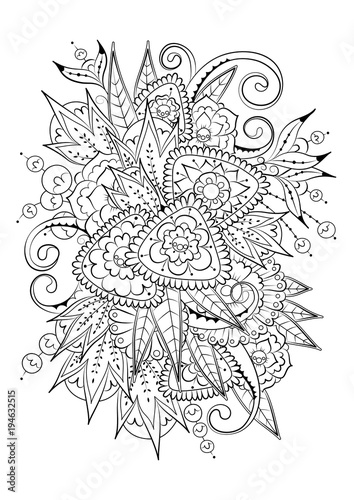 Fototapeta Naklejka Na Ścianę i Meble -  Hand drawn backdrop. Coloring book, page for adult and older children. Black and white abstract floral pattern. Vector illustration. Design for meditation.