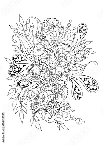 Hand drawn backdrop. Coloring book  page for adult and older children. Black and white abstract floral pattern. Vector illustration. Design for meditation.