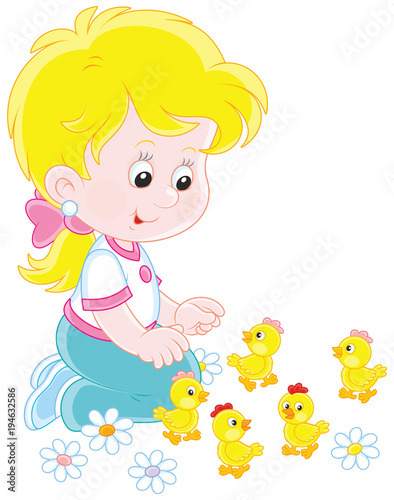 Little girl playing with small funny chicks, a vector illustration in a cartoon style