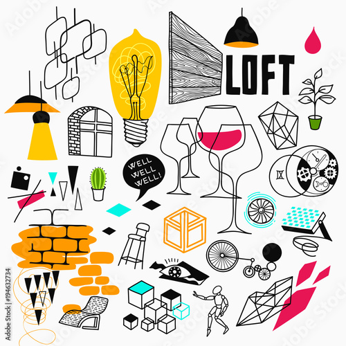 Creative Hand Drawn Clip-art on the Loft Interior with Stylized Objects, Symbols and Decorations