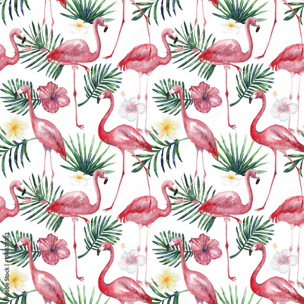 Watercolor tropical seamless pattern with flamingo