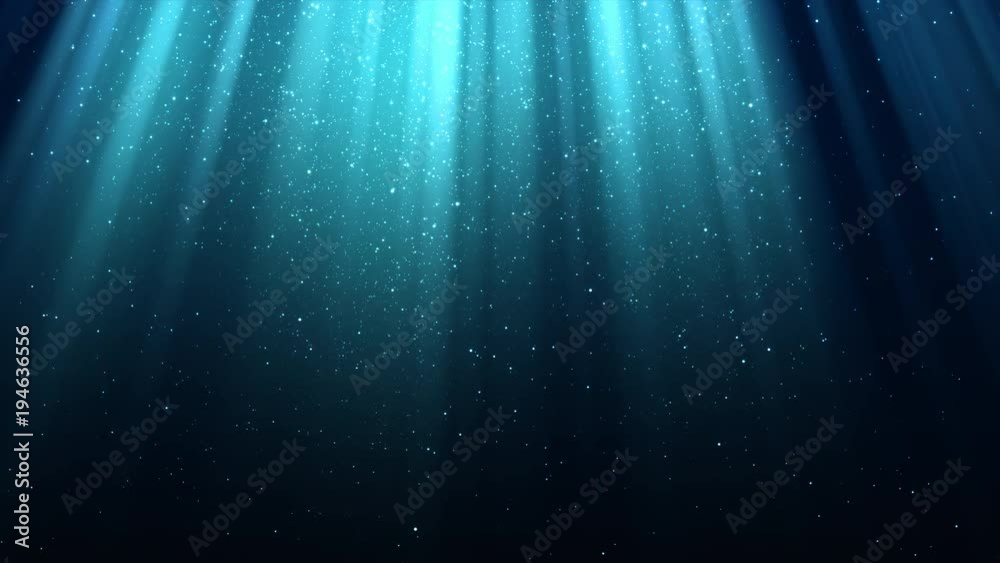 Blue background with rays of light, divine radiance, sparkles, falling snow, night shining sky, seamless loop