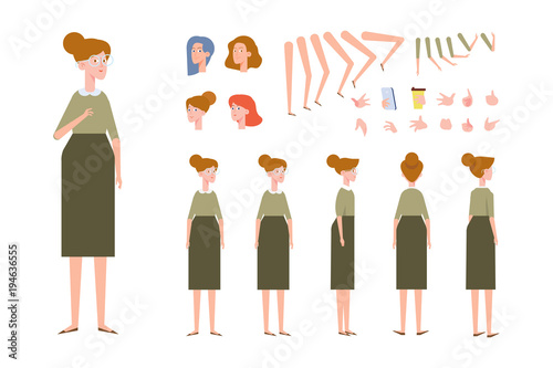 Elderly woman character creation set with various views, hairstyles and gestures. Front, side, back view animated character. Cartoon style, flat vector illustration. 