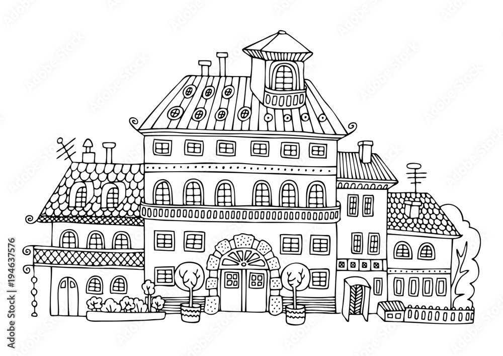 Rural palace in cartoon style. Hand drawn picture. Sketch for anti-stress adult coloring book in zen-tangle style. Vector illustration for coloring page