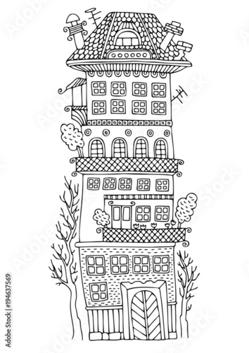 Tall fairy house with a terrace and trees. Hand drawn picture. Sketch for anti-stress adult coloring book in zen-tangle style. Vector illustration for coloring page.