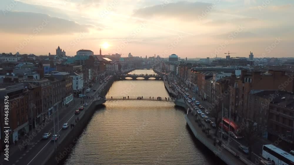 aerial view of city center of Dublin with river Liffey during sunset