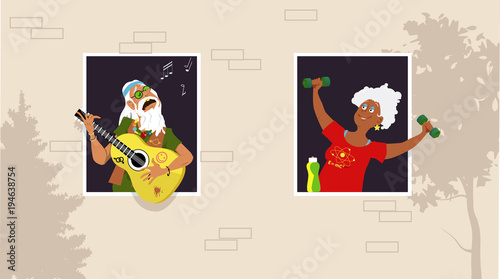 Mature woman working out at the window, listening her old hippy neighbor playing guitar and singing, EPS 8 vector illustration