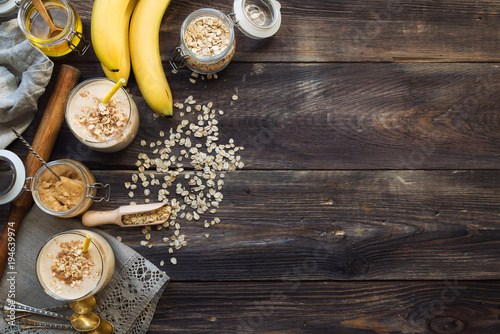 Nutritional smoothie with banana, oat flakes and peanut butter