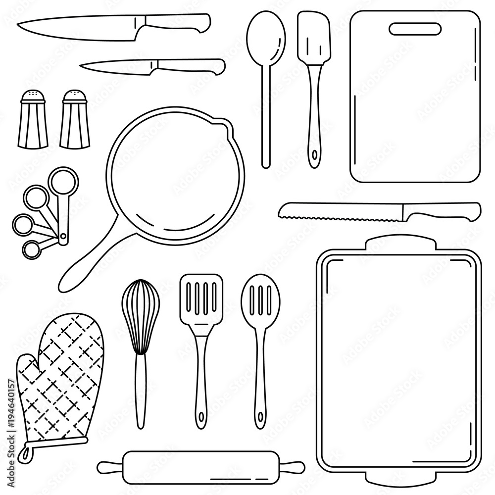 Set Of Vector Drawings Of Kitchen Tools Stock Illustration