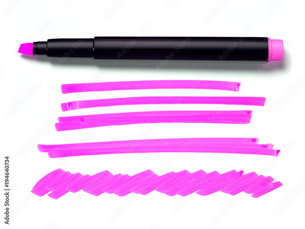 Pink Highlighter Pen and Doodles Isolated on White Background with Real Shadow and Text Space