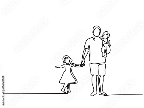 Continuous line drawing vector illustration. Father with son daughter silhouette. Vector illustration