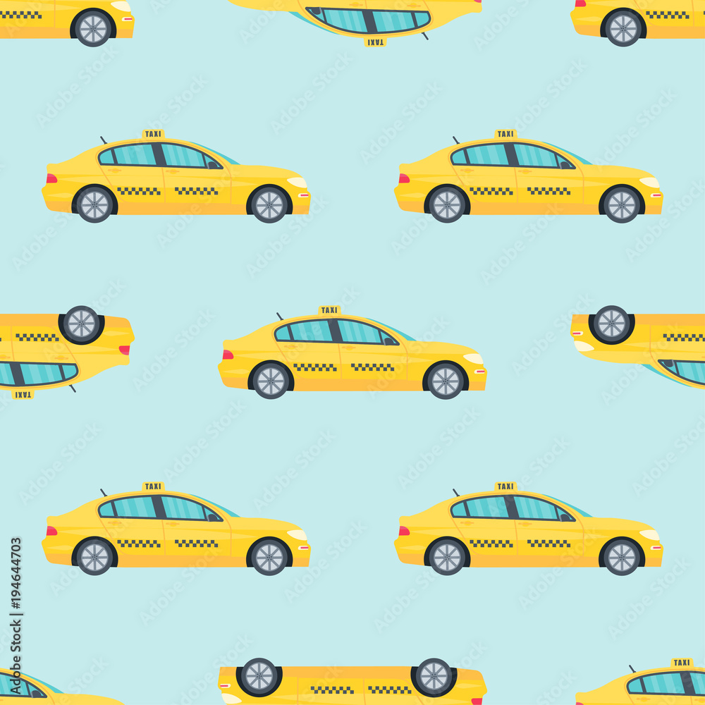 Seamless pattern with machine yellow cab on white background