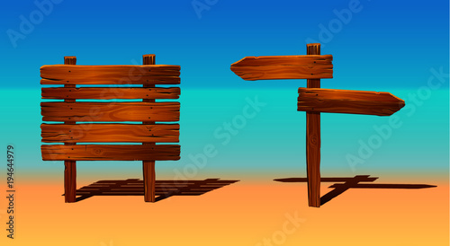 Old wooden signs, arrows. Direction signs vector illustration.
