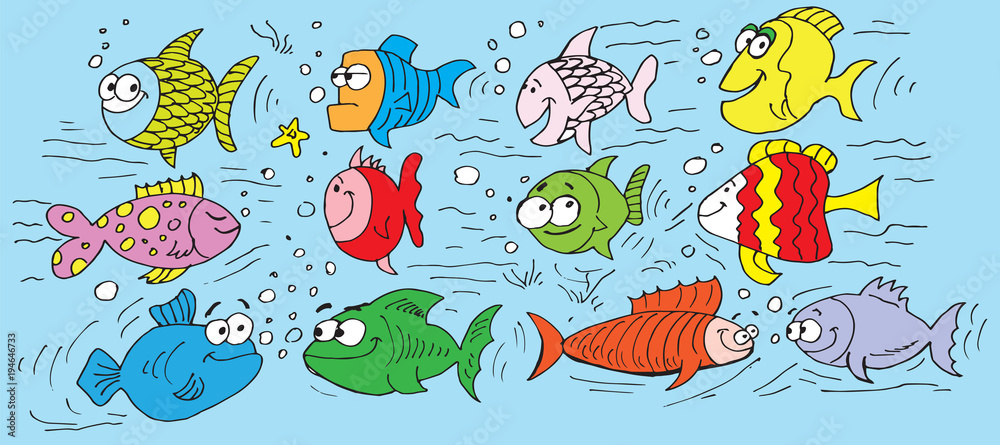 Obraz premium Collection of hand drawn funny fishes