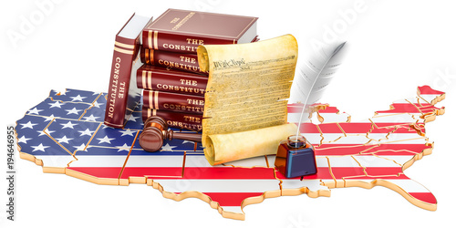 Foto Constitution of the United States concept with map and flag, 3D rendering