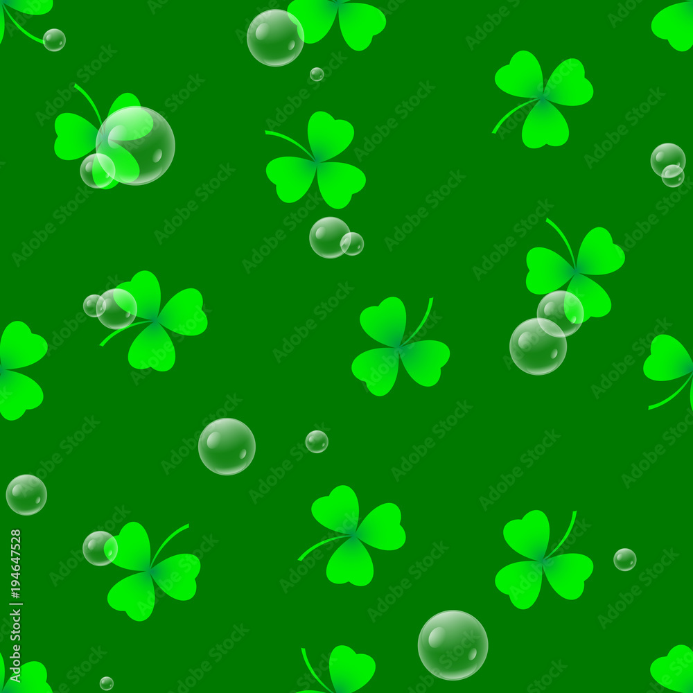 Seamless pattern green shamrock with gas bubbles. St.Patrick 's Day. Seamless pattern green shamrock with gas bubbles. St.Patrick 's Day.