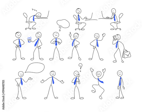 Collection of stick figures. Set of doodle style men in office. Vector illustration