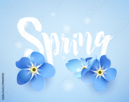 Cute spring card with forget-me-not and lens flares on blue background. Vector illustration.