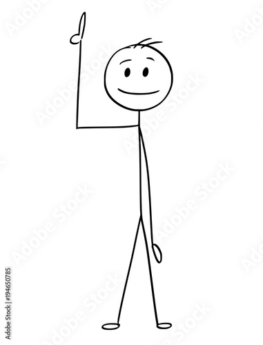 Cartoon stick man drawing conceptual illustration of businessman pointing up or above him.