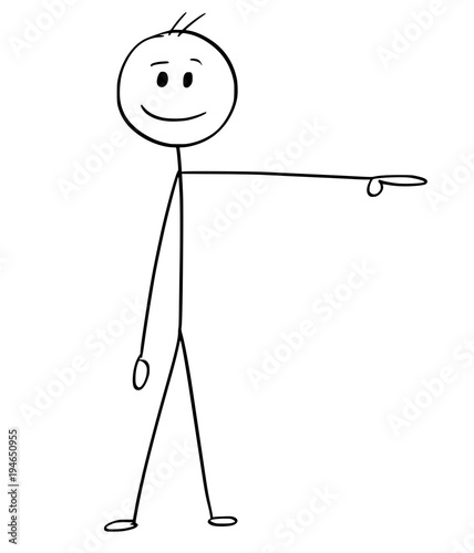 Cartoon stick man drawing conceptual illustration of businessman pointing left.