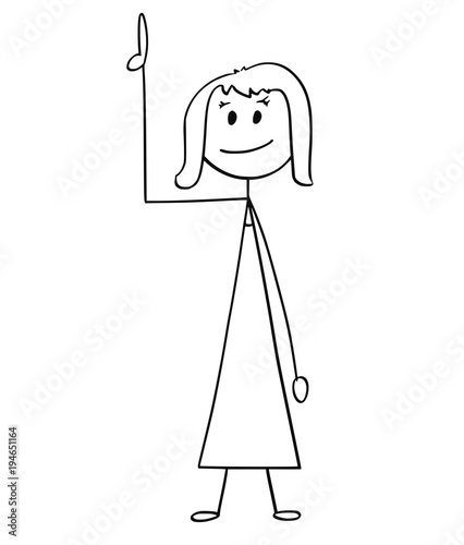 Cartoon stick man drawing conceptual illustration of businesswoman or woman pointing up or above her.