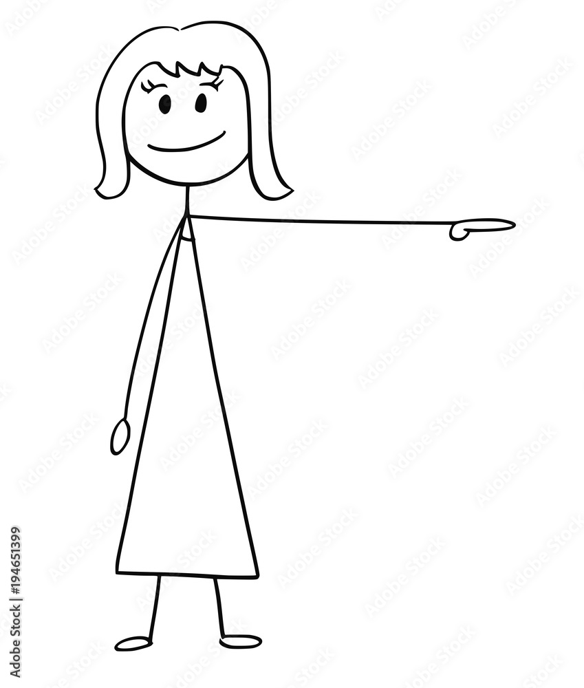 Cartoon stick man drawing conceptual illustration of businesswoman or woman  pointing left. Stock Vector | Adobe Stock
