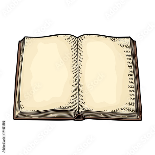 Open book isolated on white background. Vector engraving