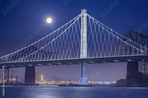 Bay Bridge At Night With Full Moon