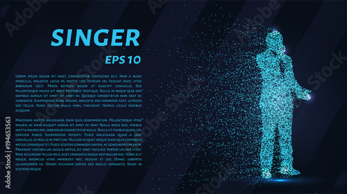 The singer sings into the microphone. The singer is made up of particles