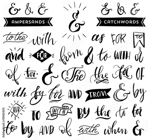Ampersands and catchwords. Handwritten calligraphy and lettering collection. Hand drawn design elements.