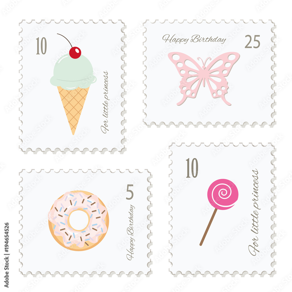 Cute postage stamps for birthday or scrapbook design. Decorative stickers  for girls. Stock Vector