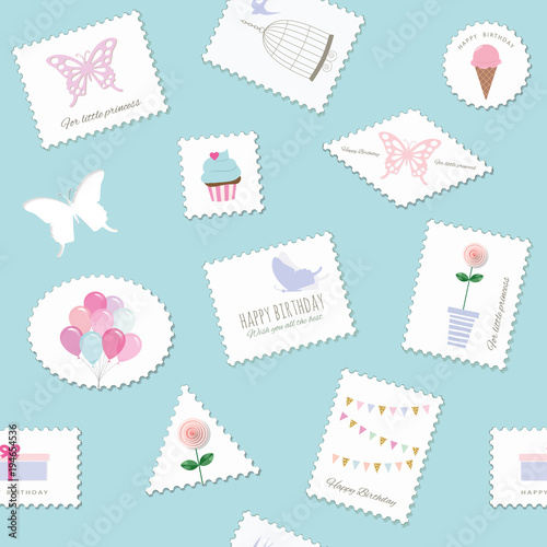 Birthday seamless pattern with cute postage stamps.