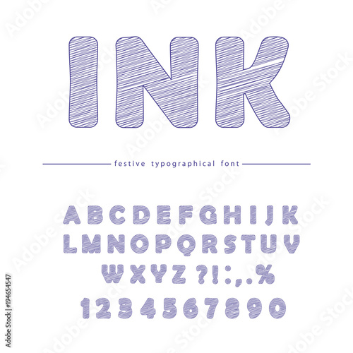 Ink doodle font design isolated on white. Capital ABC letters and numbers.