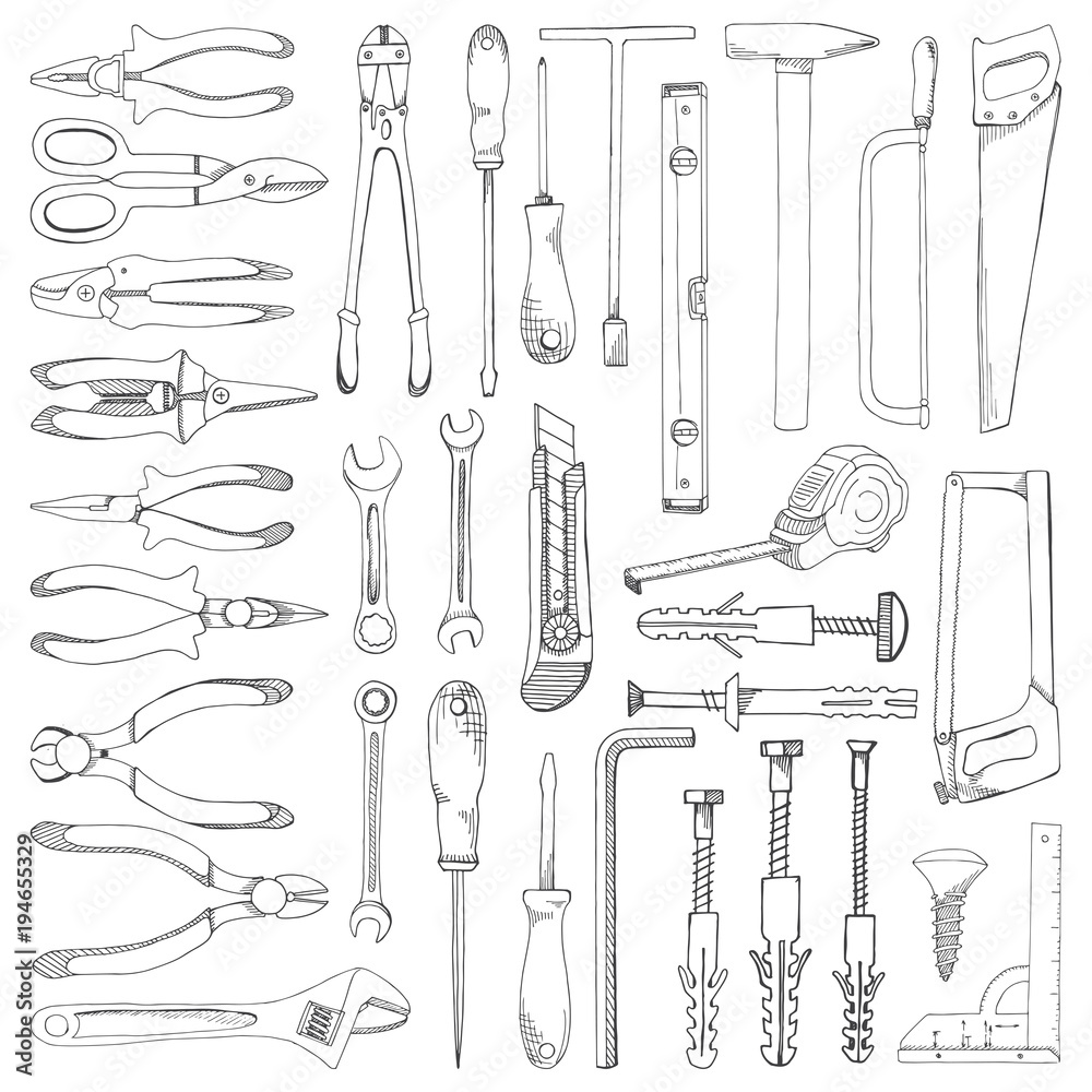 Set of tools, hardware. Different fastener isolated on white background
