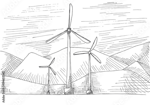 Hand drawn windmills on the background of mountains. Vector illustration of a sketch style