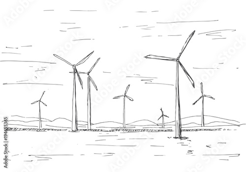 Hand drawn windmills on the background of mountains. Vector illustration of a sketch style