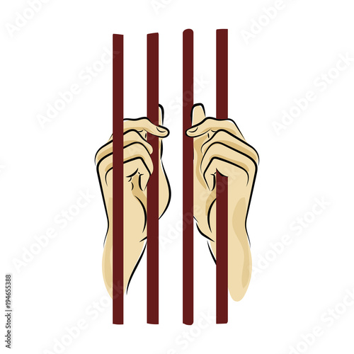 graphic design editable for your design, hand drawn close up of steel cage of jail and hand of prisoner on white background. vector illustration.