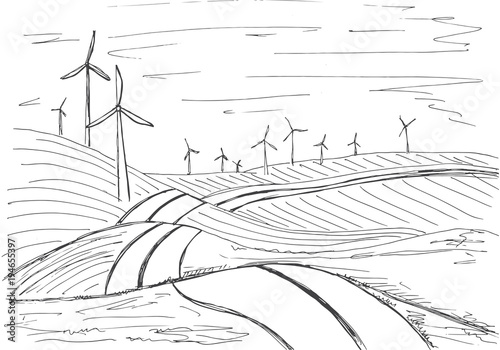 Hand drawn windmills on the background of mountains. Vector illustration of a sketch style