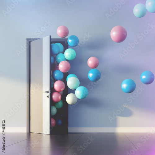 Balloons fly away through open door