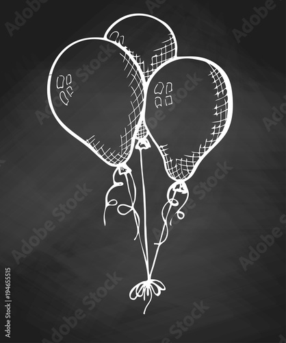 Group of balloons on a string. Hand drawn chalk on a chalkboard.