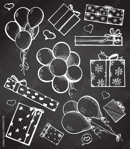 Balloons and gifts on the chalkboard. Vector illustration in a sketch style.