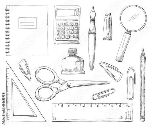 Hand drawn office supplies isolated on white background. Vector illustration of a sketch style