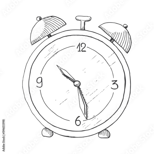 Hand drawn alarm clock isolated on white background. Vector illustration of a sketch style.