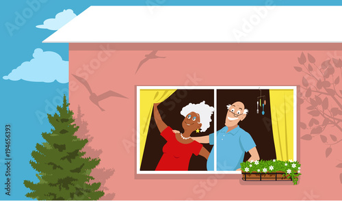 Retired couple standing at the window in their new condo, EPS 8 vector illustration