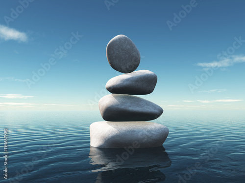 3D landscape with stepping stones balancing in an ocean